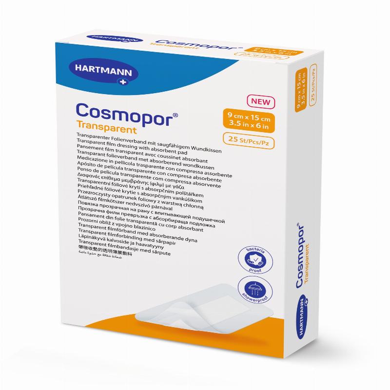 Пов'язка плівкова прозора з абсорбуючою подушечкою Cosmopor® Transparent 9см x 15см 25шт